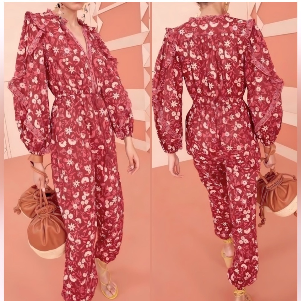ULLA JOHNSON Delphine Burgundy Long Balloon Sleeves Floral Jumpsuit size 4